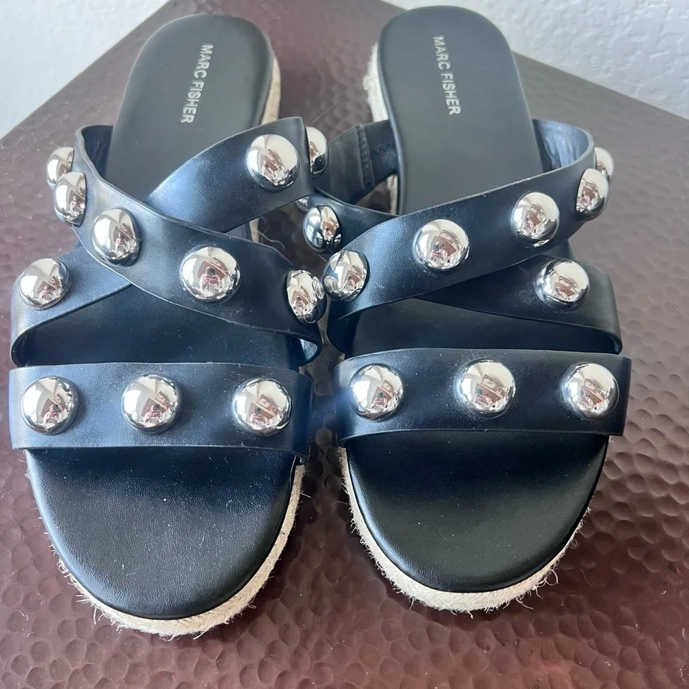 Marc Fisher Prisca Ball-Studded Espadrille Slide Sandals Black Leather | Size 11